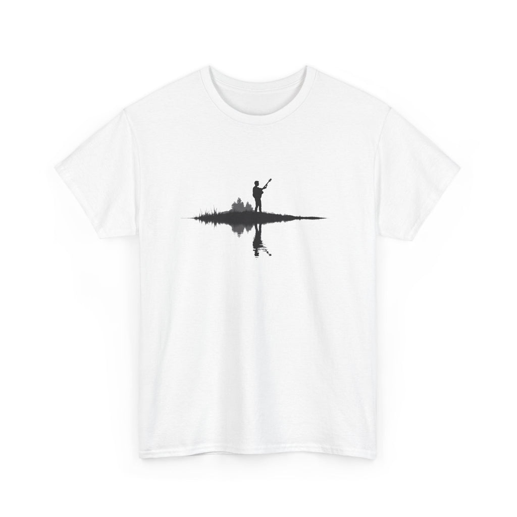T shirt with minimalist silhouette of a guitarist playing an acoustic guitar on a small island with water reflection, atmospheric music illustration.