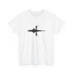 T shirt with minimalist silhouette of a guitarist playing an acoustic guitar on a small island with water reflection, atmospheric music illustration.
