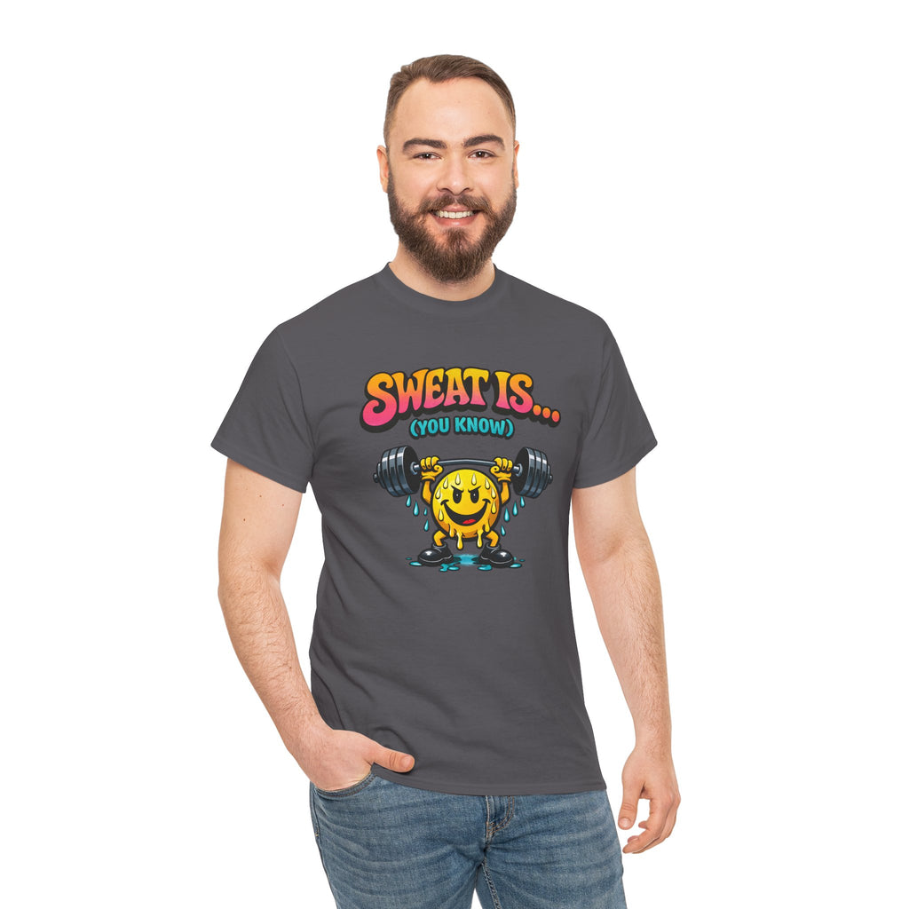 Retro Workout Tee — "Sweat Is... (You Know)" Smiley Weightlifting Fat Crying Graphic Shirt