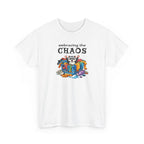 t-shirt with colorful graphic of a raccoon in a basket of laundry and 'embracing the CHAOS' text on a white background