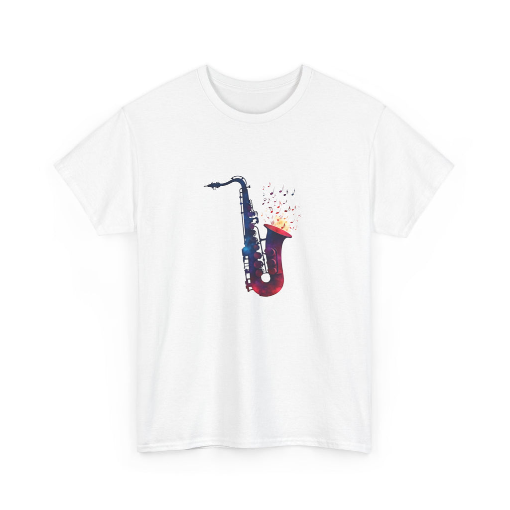 “Colorful artistic illustration of a saxophone with glowing musical notes bursting from the bell, expressive jazz music artwork.