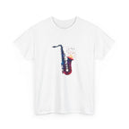 “Colorful artistic illustration of a saxophone with glowing musical notes bursting from the bell, expressive jazz music artwork.