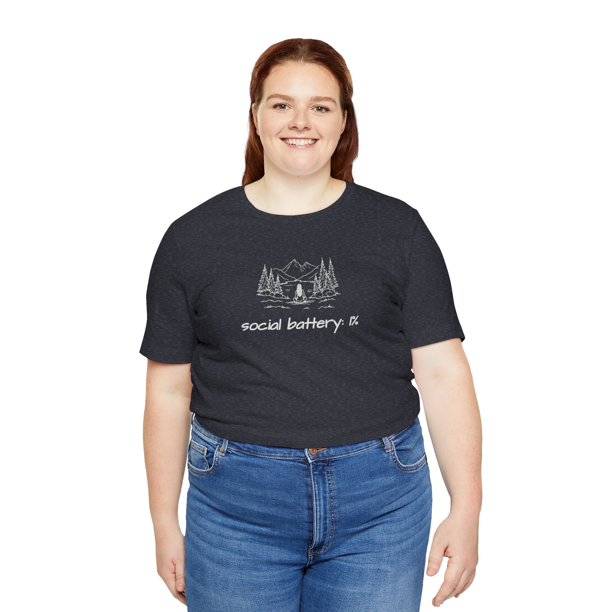 Social Battery Low T-Shirt — Minimal Camping Nature Graphic Introvert Tee