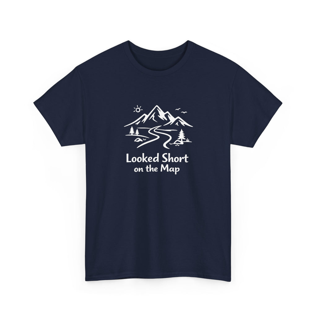 Navy blue t-shirt with a mountain graphic and text on a white background