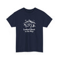 Navy blue t-shirt with a mountain graphic and text on a white background