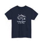 Navy blue t-shirt with a mountain graphic and text on a white background