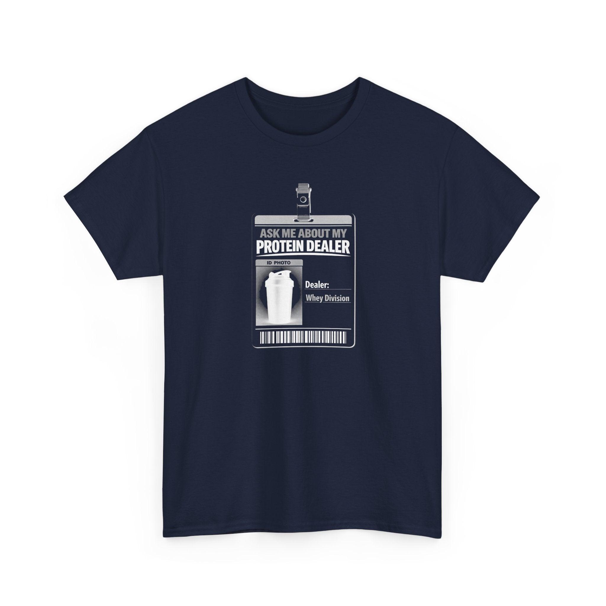 funny fitness t-shirt with a graphic design and text 'ask me about my protein dealer' on a white background