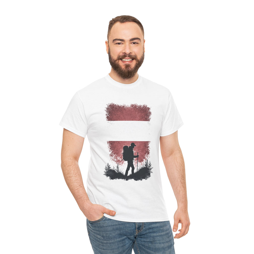 Austria Flag Hiker Silhouette Tee — Outdoor Adventure Backpacking T-Shirt