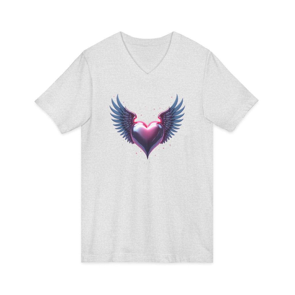 Winged Heart V-Neck Tee — Romantic Angel Wings Heart Graphic Shirt