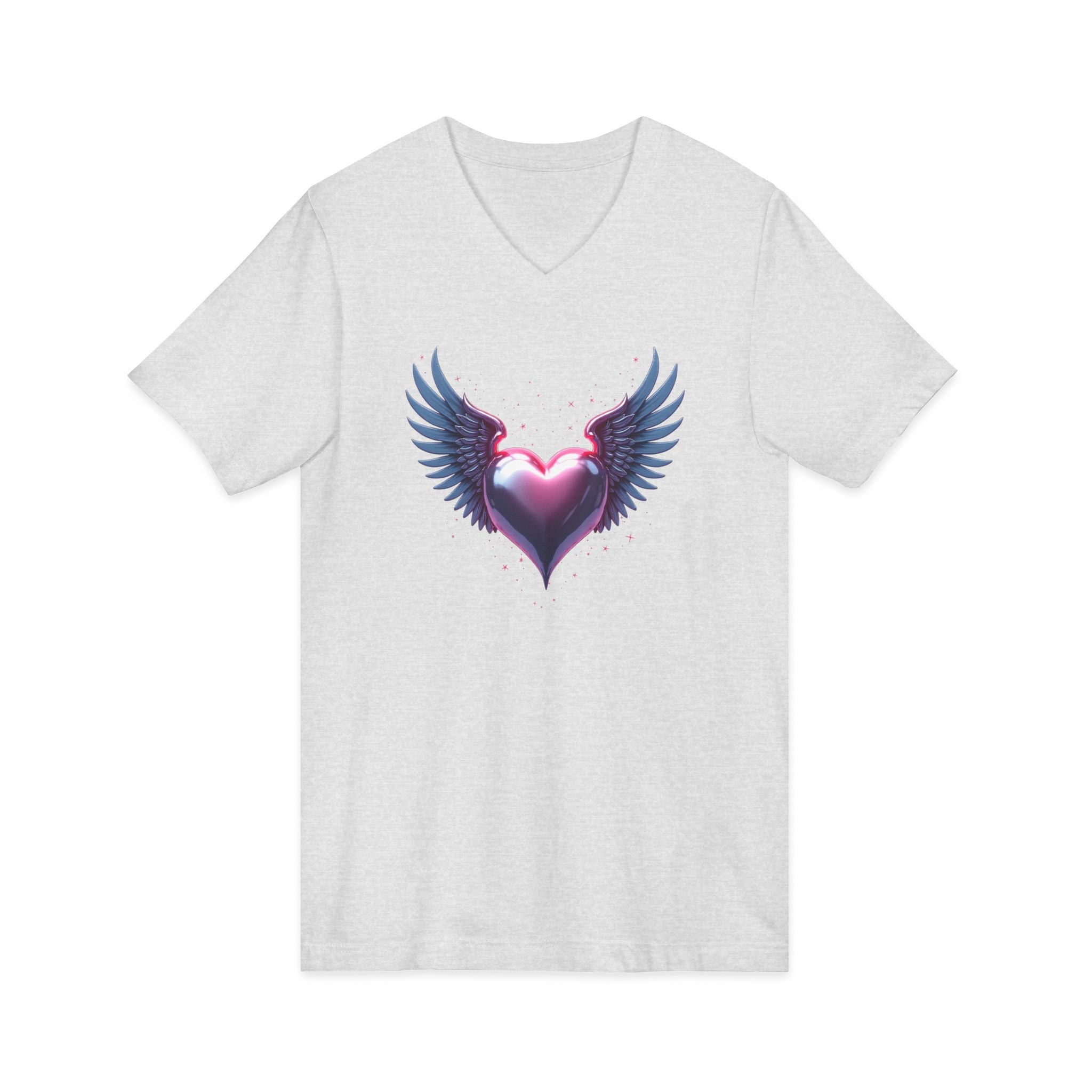 Winged Heart V-Neck Tee — Romantic Angel Wings Heart Graphic Shirt