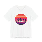 Retro synthwave-style artwork featuring silhouette dancing cats inside a glowing sunset circle, with vibrant pink, orange, and purple horizon lines.