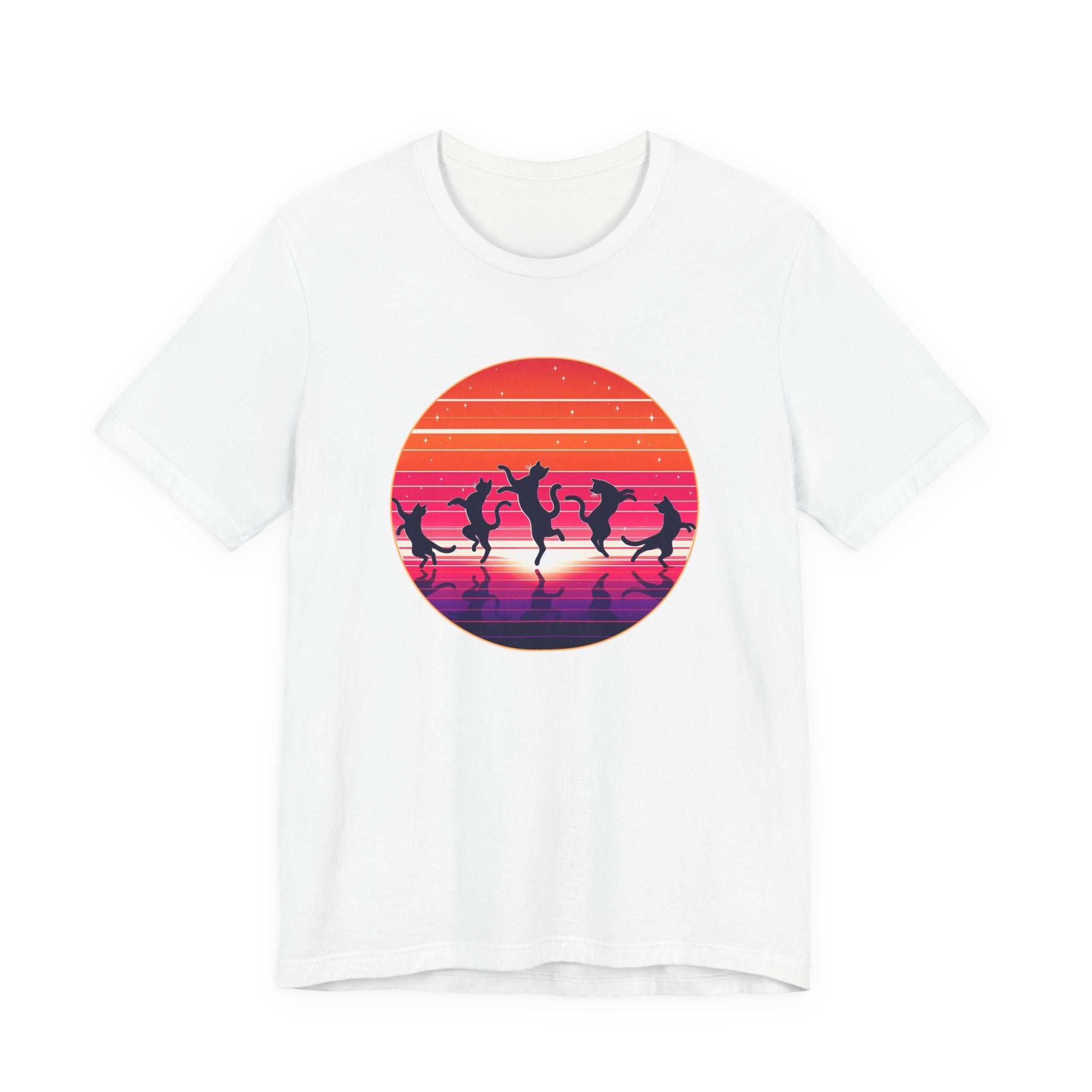 Retro synthwave-style artwork featuring silhouette dancing cats inside a glowing sunset circle, with vibrant pink, orange, and purple horizon lines.