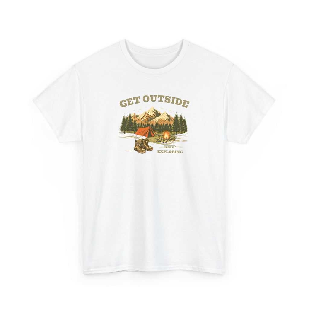 An outdoor scenic graphic with a tent, campfire, and hiking boots with pine trees and mountains in the distance, with the text 'get outside, keep exploring', perfect for nature lovers.