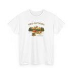 An outdoor scenic graphic with a tent, campfire, and hiking boots with pine trees and mountains in the distance, with the text 'get outside, keep exploring', perfect for nature lovers.