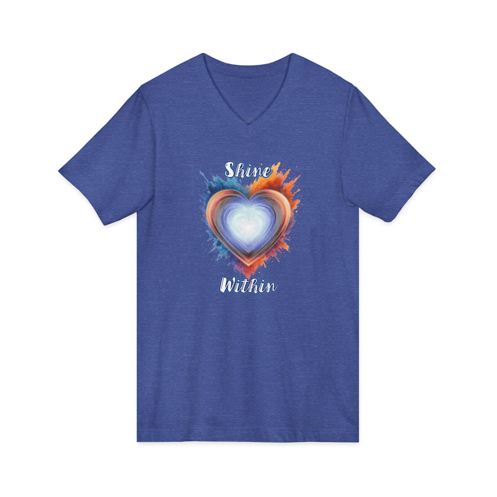 Shine Within V-Neck Tee — Heart Watercolor Splash Flame Design