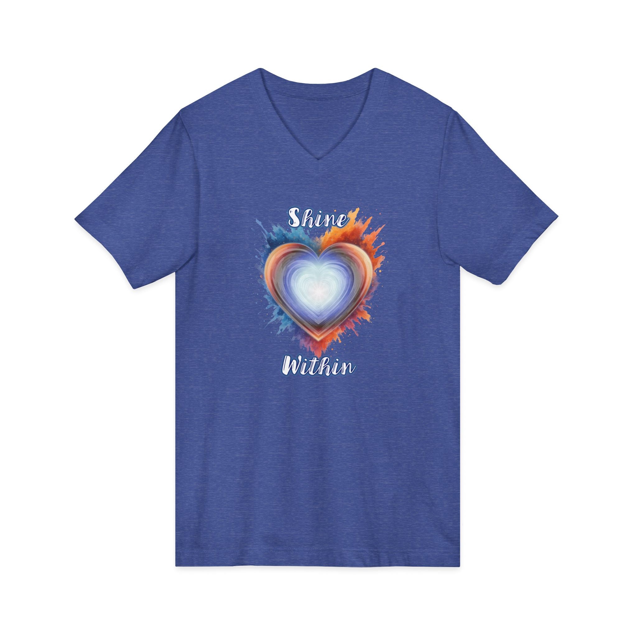 Shine Within V-Neck Tee — Heart Watercolor Splash Flame Design