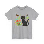 Black Cat Floral Tee - Cute Cat, Flowers & Butterflies Graphic T-Shirt