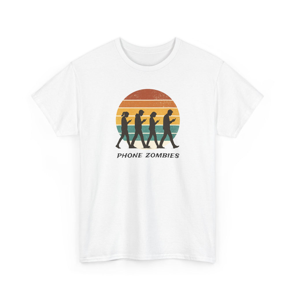 retro style silhouette of people walking looking at their smart phones with the text 'phone zombies'