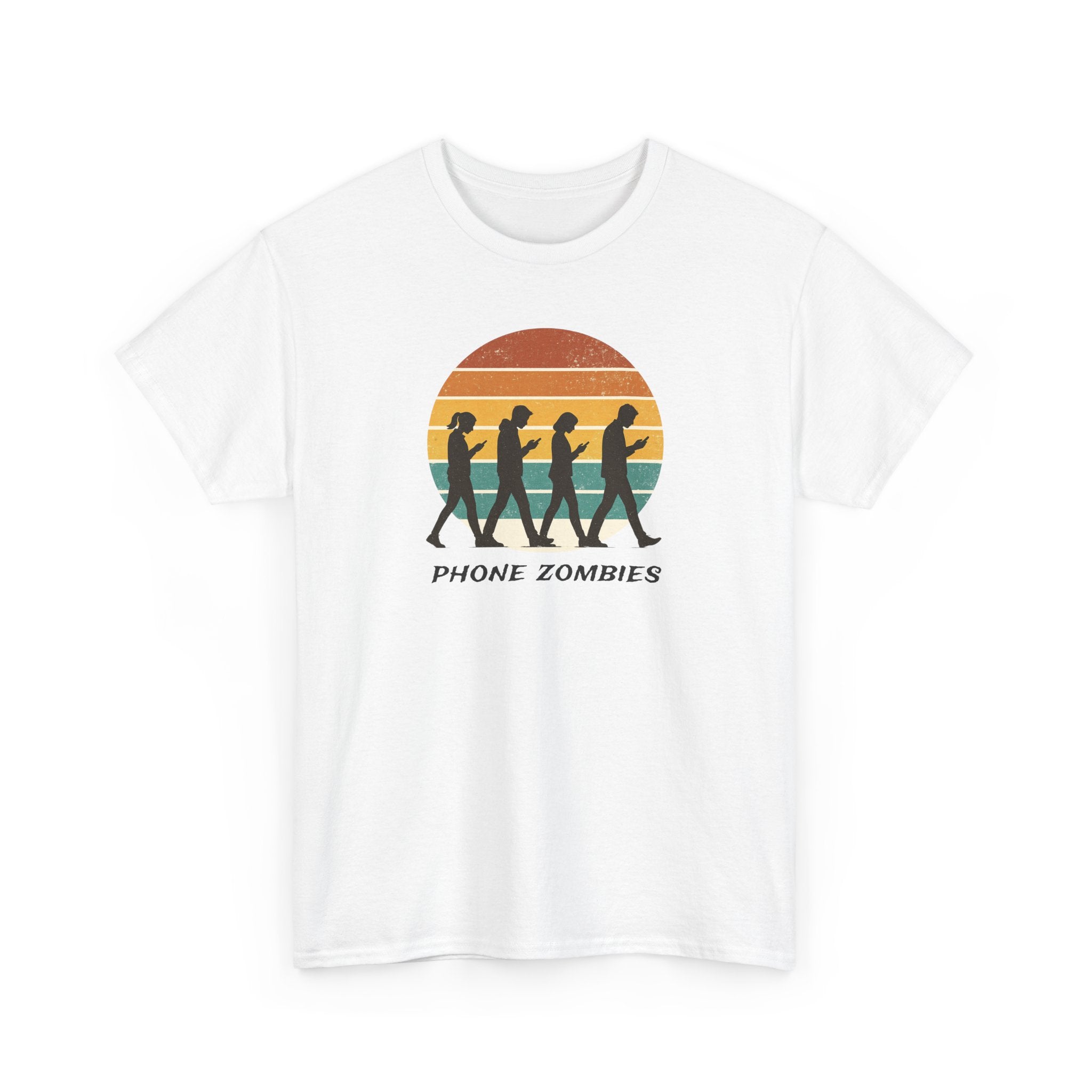 retro style silhouette of people walking looking at their smart phones with the text 'phone zombies'