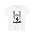 White t-shirt with a graphic of a hiker and trees on a white background