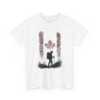 White t-shirt with a graphic of a hiker and trees on a white background