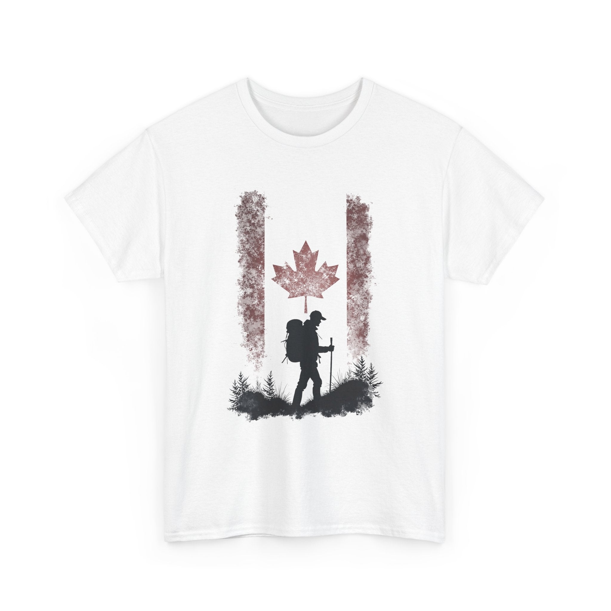 White t-shirt with a graphic of a hiker and trees on a white background