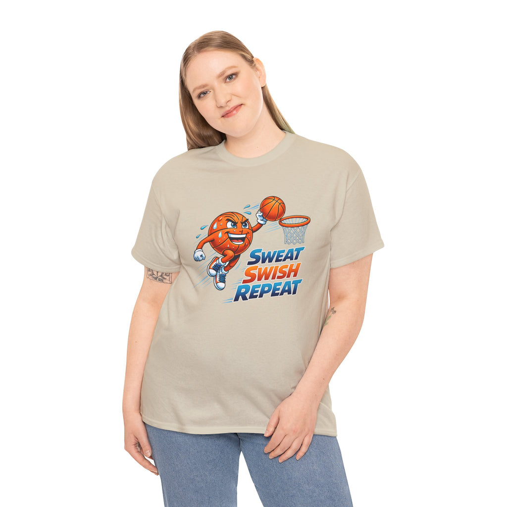Sweat Swish Repeat Basketball T‑Shirt — Fun Hoop Cartoon Graphic Tee