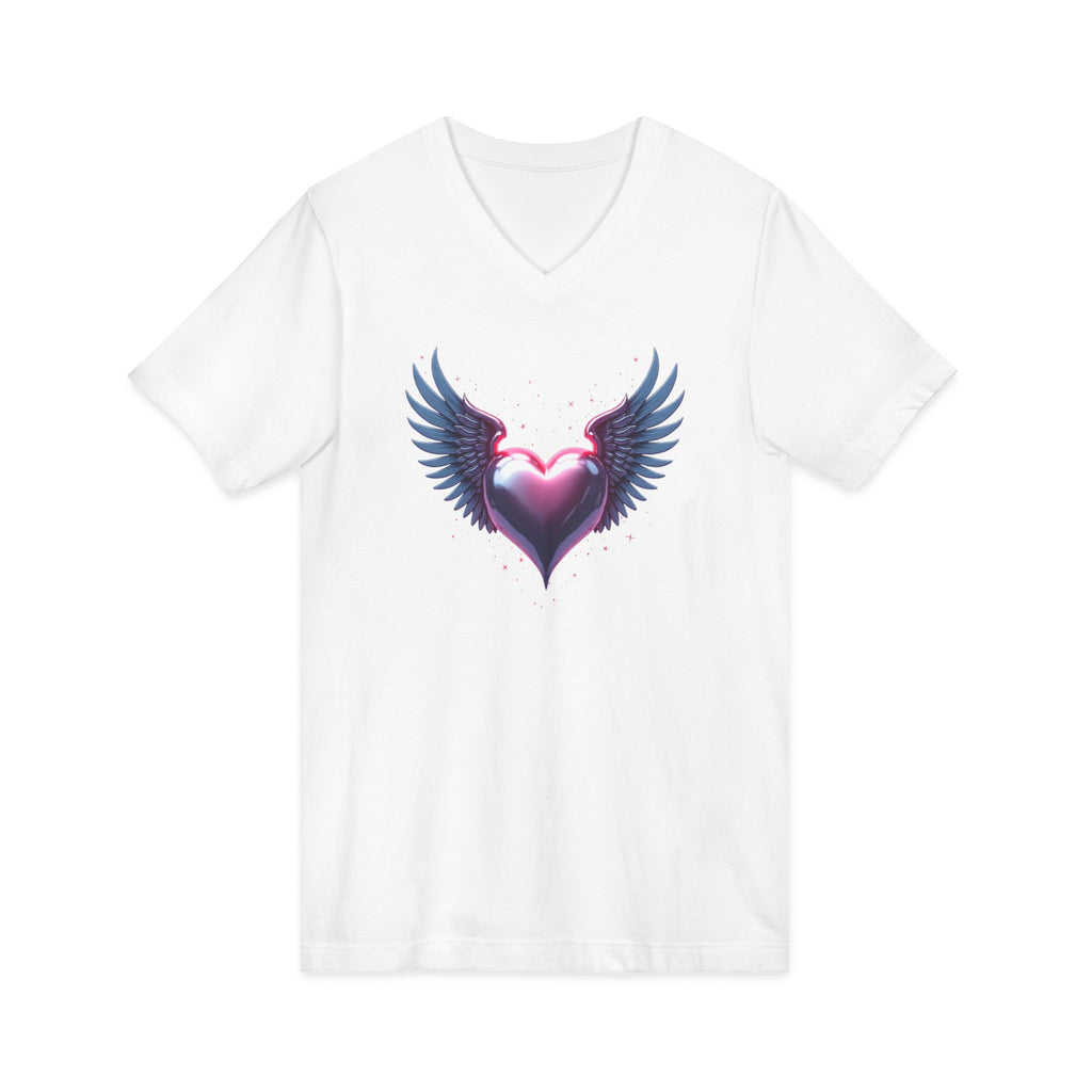 Glossy metallic heart with angel wings and pink sparkles, romantic fantasy illustration symbolizing love, hope, and emotion.