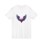 Glossy metallic heart with angel wings and pink sparkles, romantic fantasy illustration symbolizing love, hope, and emotion.