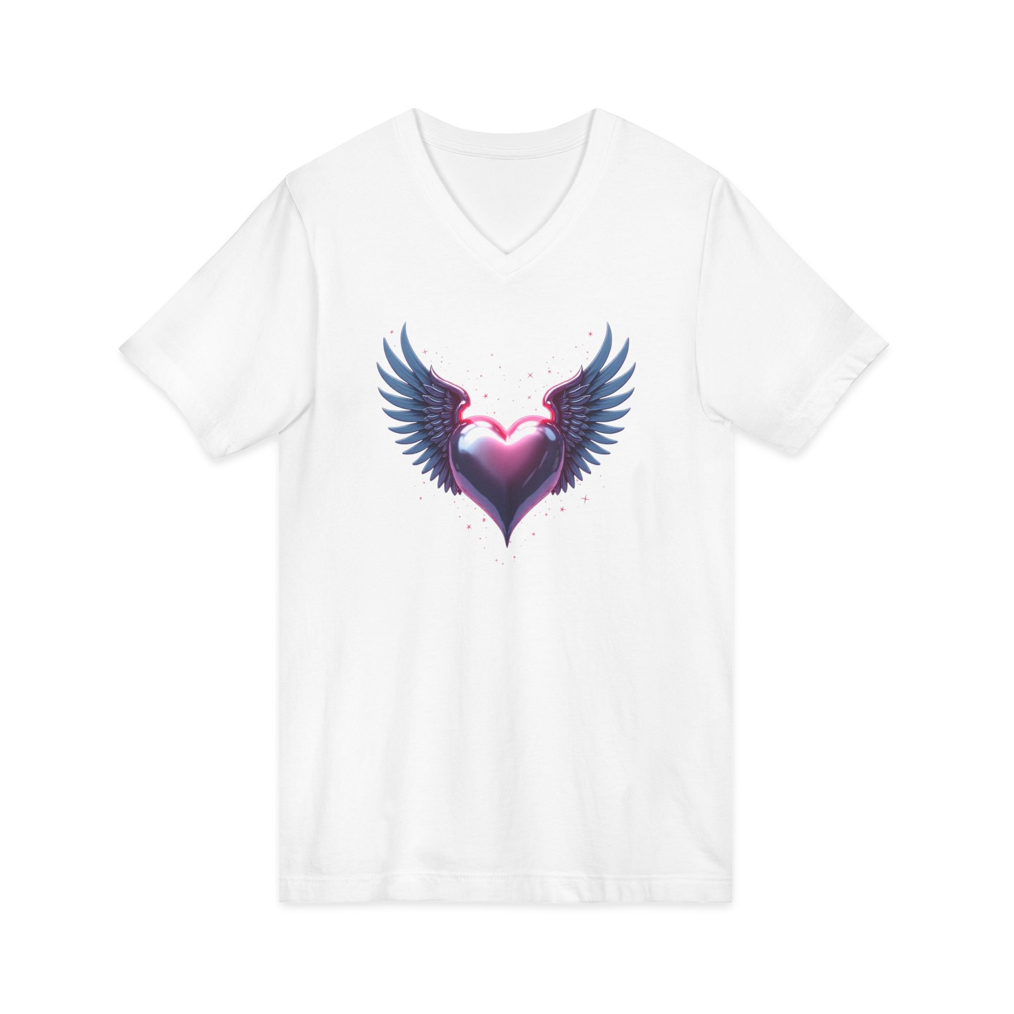 Glossy metallic heart with angel wings and pink sparkles, romantic fantasy illustration symbolizing love, hope, and emotion.
