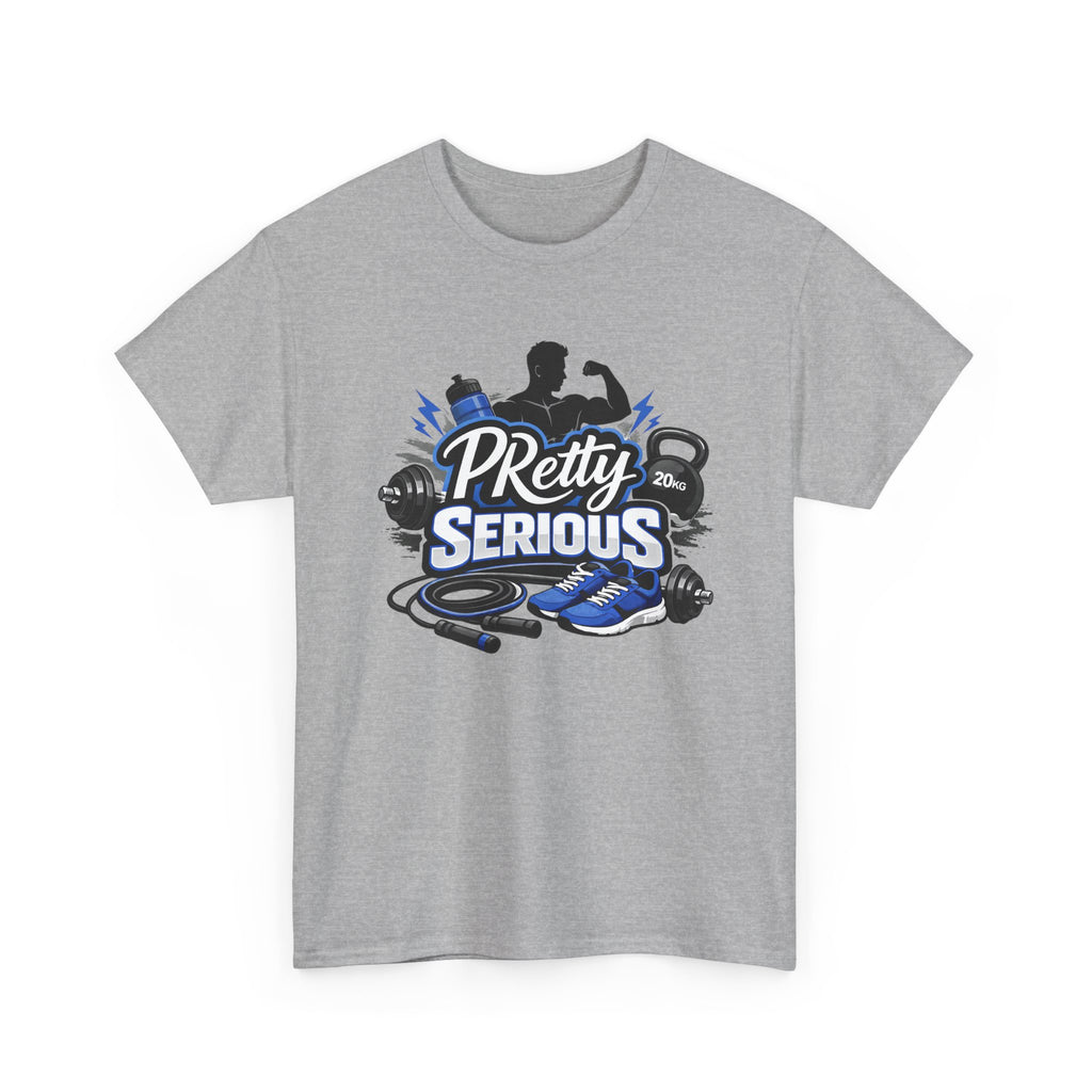 gym workout t-shirt with 'PRetty Serious' fitness graphic on a white background