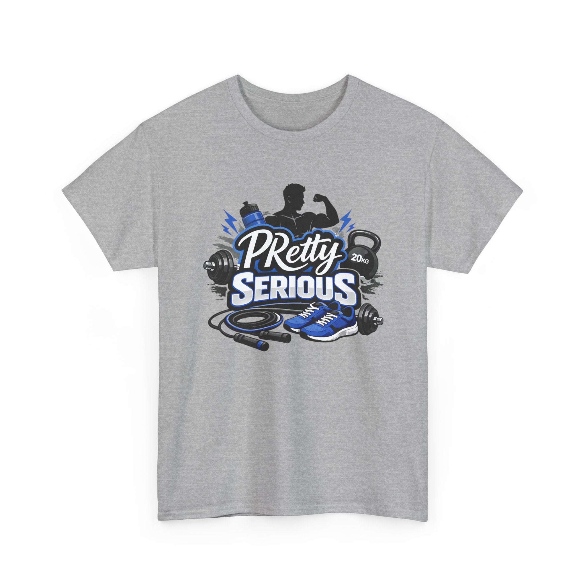 gym workout t-shirt with 'PRetty Serious' fitness graphic on a white background