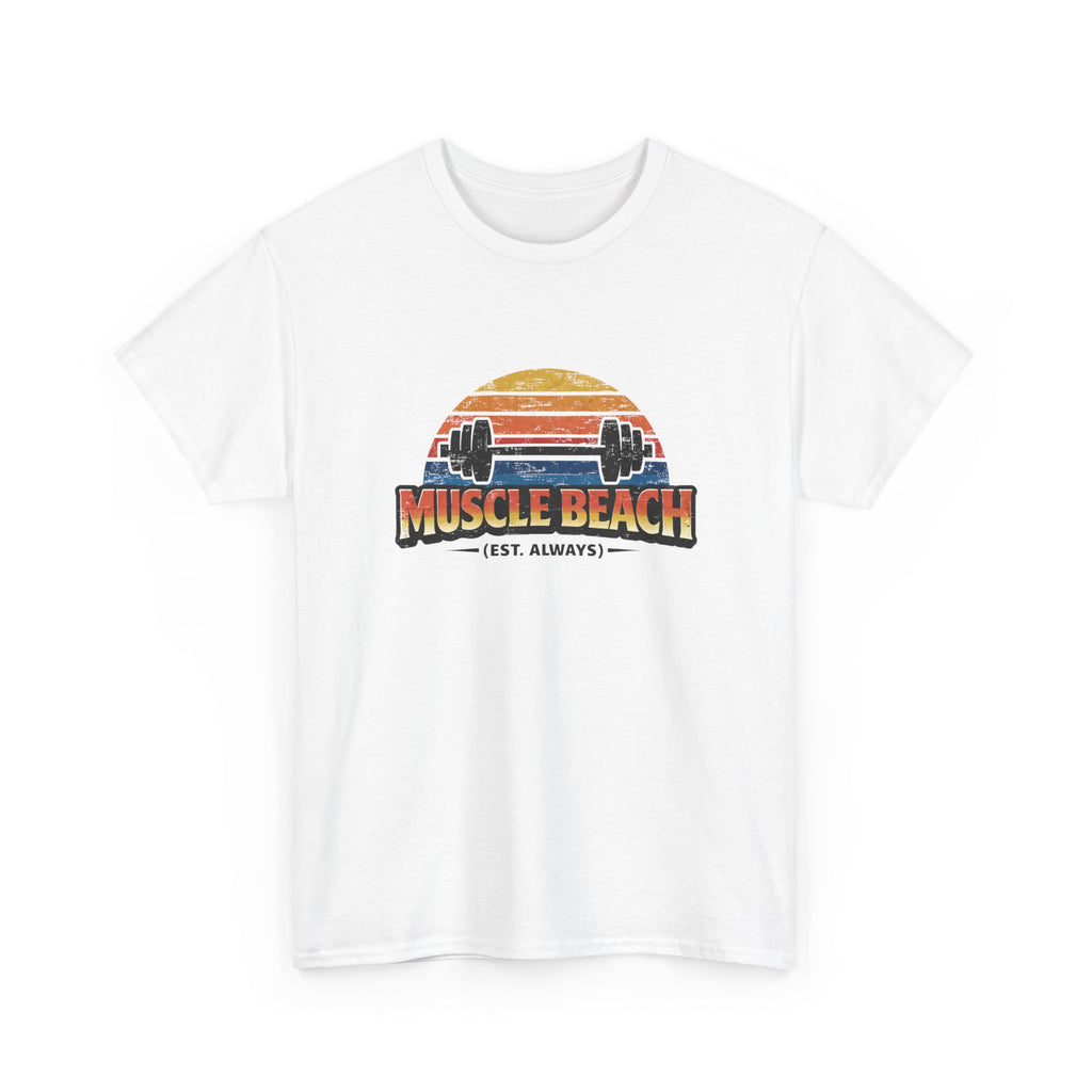 Retro Muscle Beach Tee – Vintage Sunset Barbell Fitness Shirt (Est. Always)