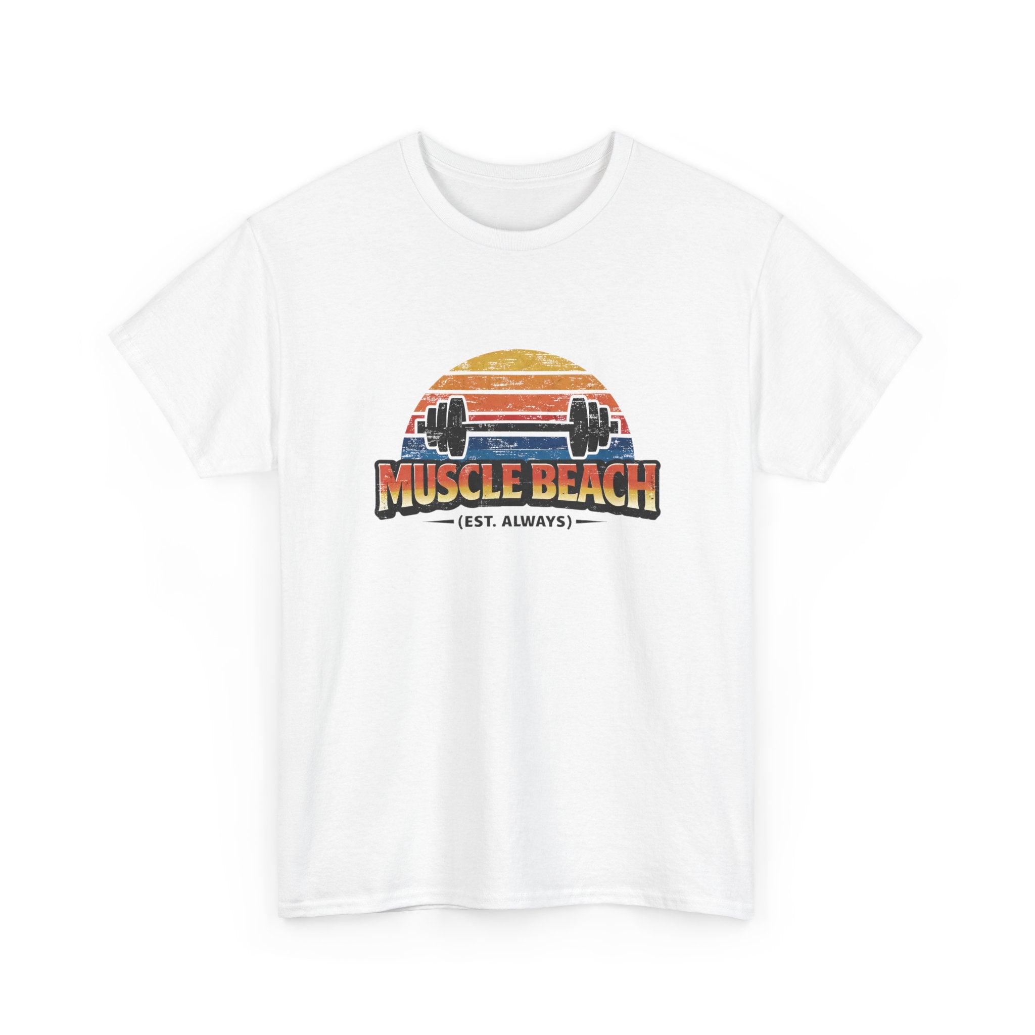 Retro Muscle Beach Tee – Vintage Sunset Barbell Fitness Shirt (Est. Always)