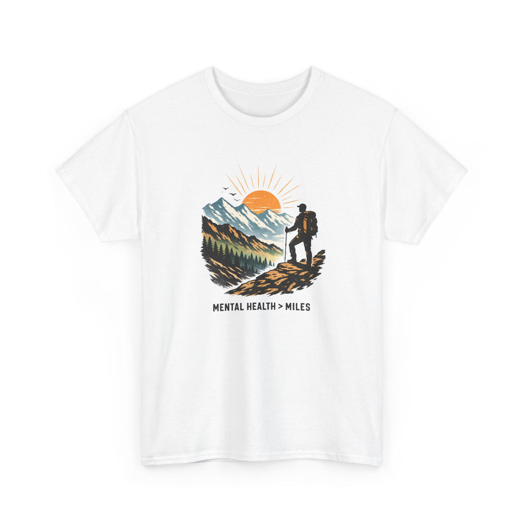 Hiking Graphic Tee — "Mental Health Greater Than Miles" Mountain Sunset Shirt