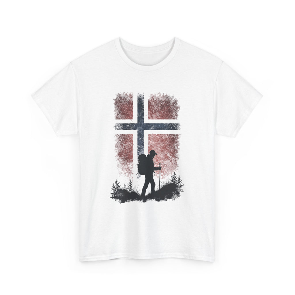Norway Flag Hiking T‑Shirt – Hiker Silhouette on Rustic Norwegian Flag