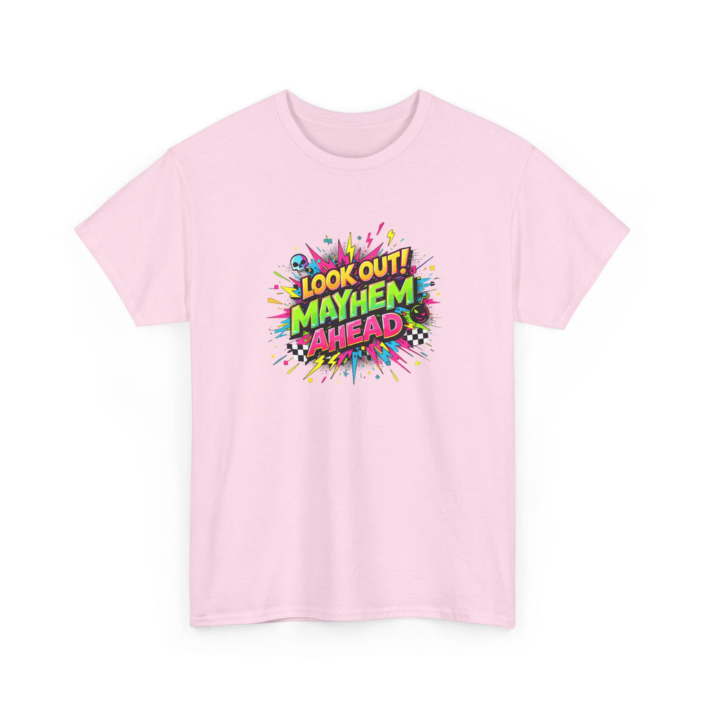 Look Out! Mayhem Ahead Graphic Tee — Colorful Retro Comic Humor Shirt