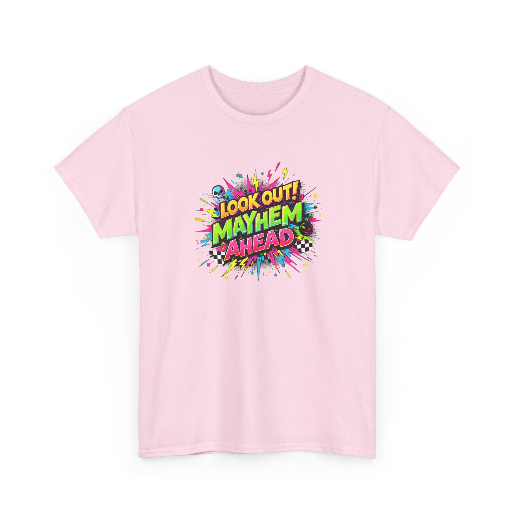 Look Out! Mayhem Ahead Graphic Tee — Colorful Retro Comic Humor Shirt