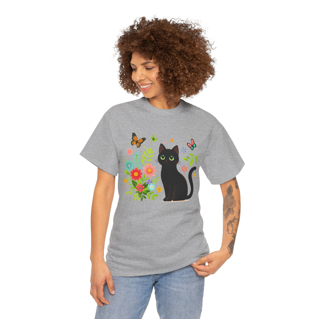 Black Cat Floral Tee - Cute Cat, Flowers & Butterflies Graphic T-Shirt