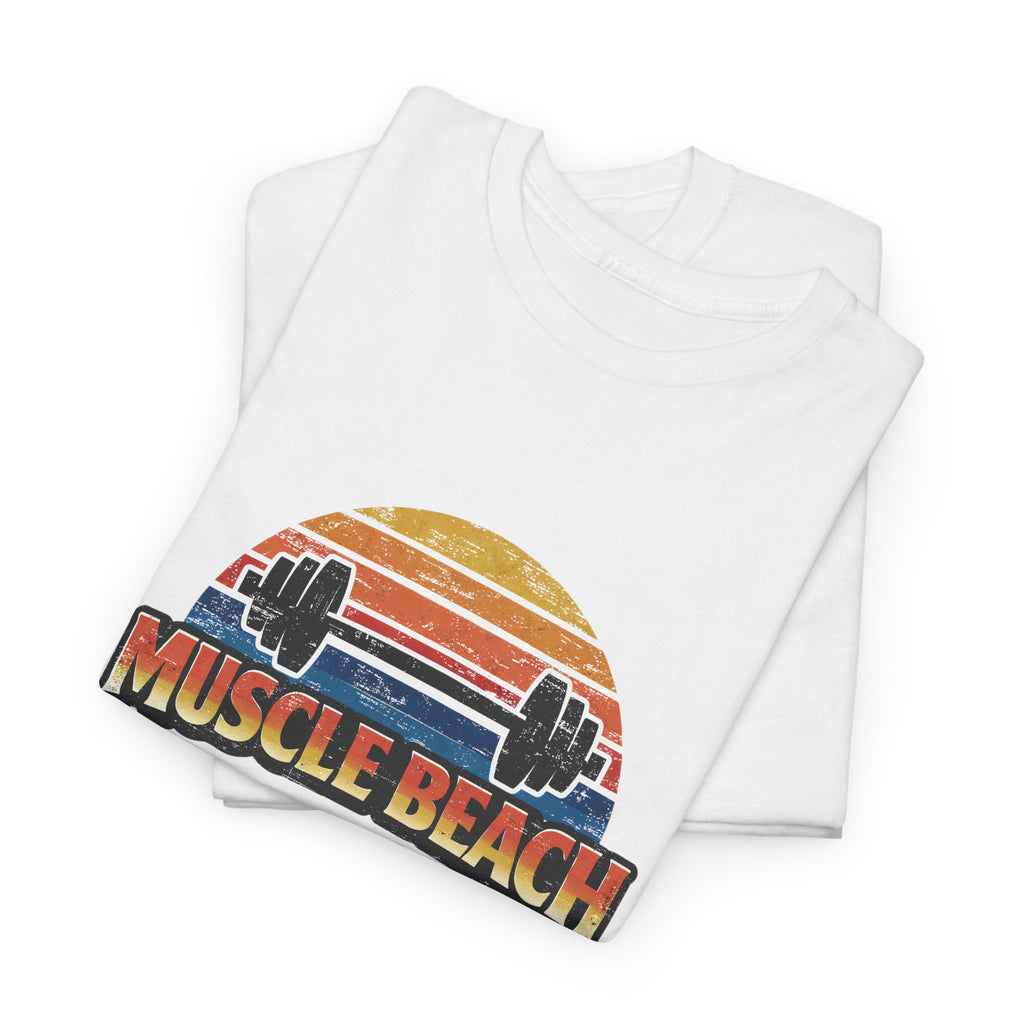 Retro Muscle Beach Tee – Vintage Sunset Barbell Fitness Shirt (Est. Always)