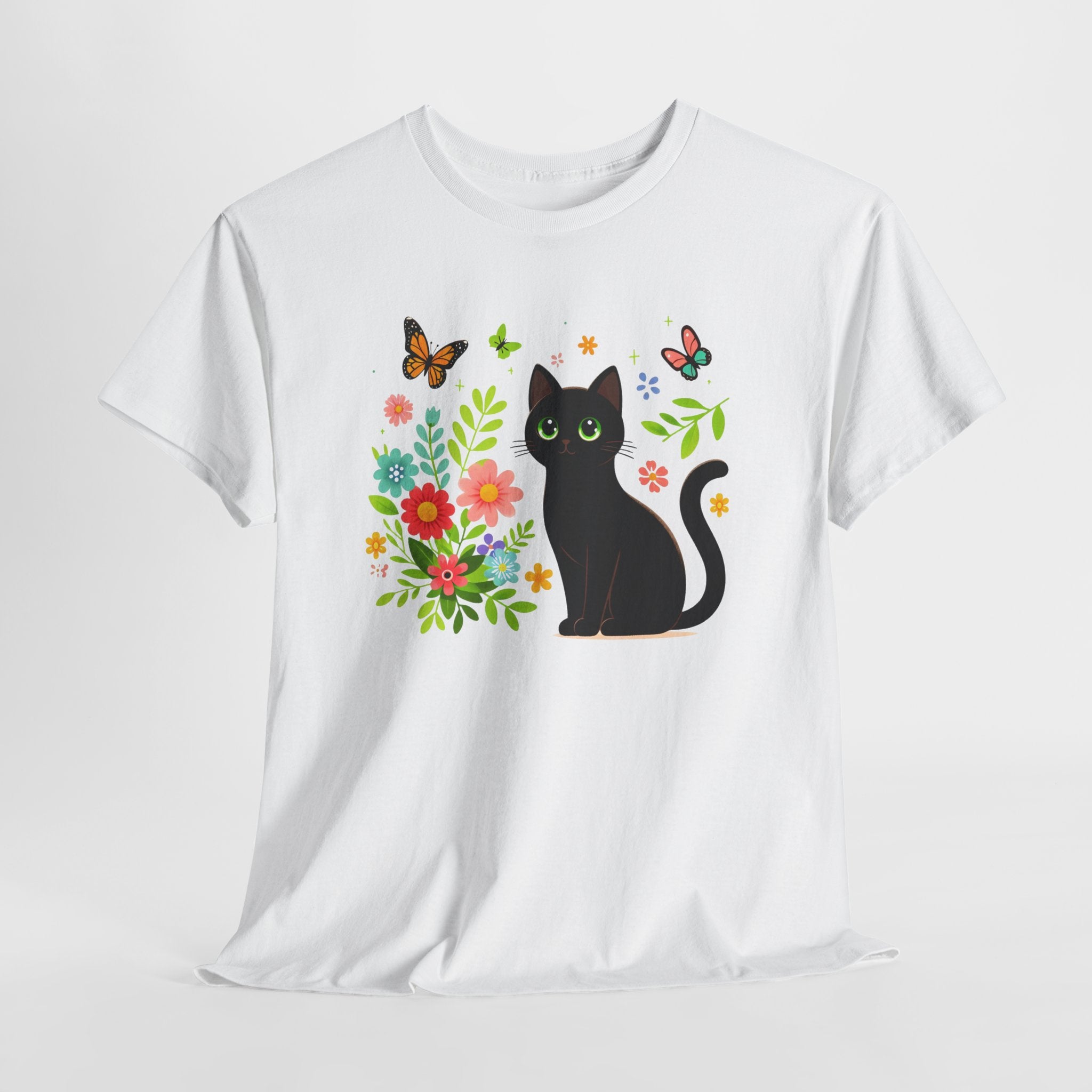 Black Cat Floral Tee - Cute Cat, Flowers & Butterflies Graphic T-Shirt