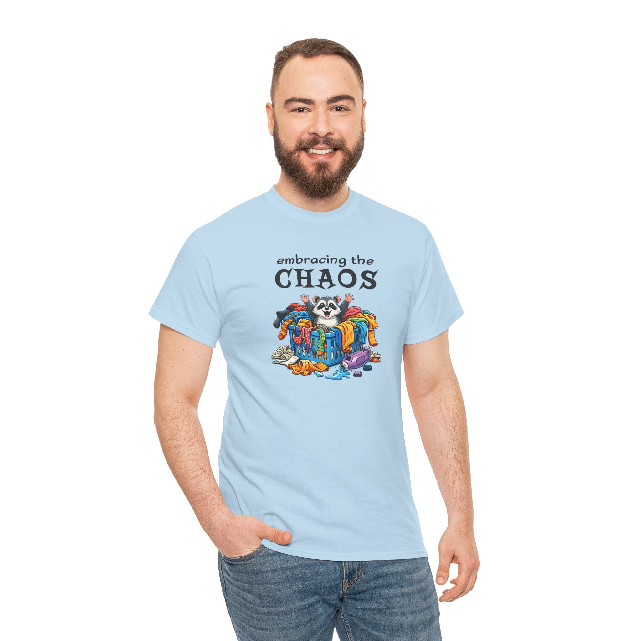 Embracing the Chaos T‑Shirt — Playful Raccoon & Messy Wardrobe Graphic Tee