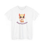 Cute cartoon kitten with big sparkling eyes and soft pastel fur, kawaii-style cat illustration conveying positivity and happiness, with the phrase 'stay pawsitive'