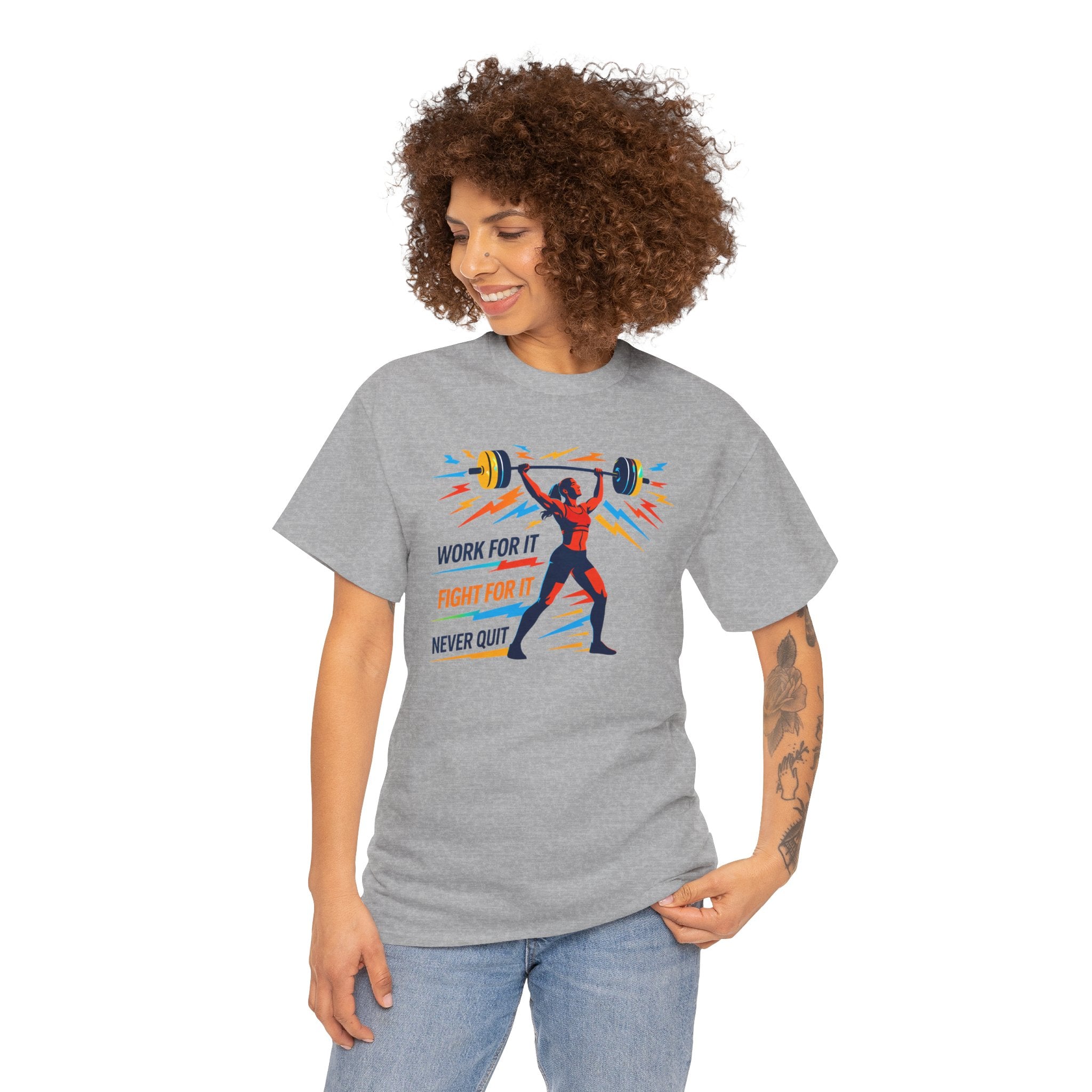 Weightlifting Motivation Tee — “Work For It, Fight For It, Never Quit” Women's Gym Shirt
