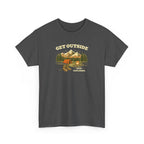 Get Outside Camping T-Shirt — Retro Mountain Tent & Campfire Tee