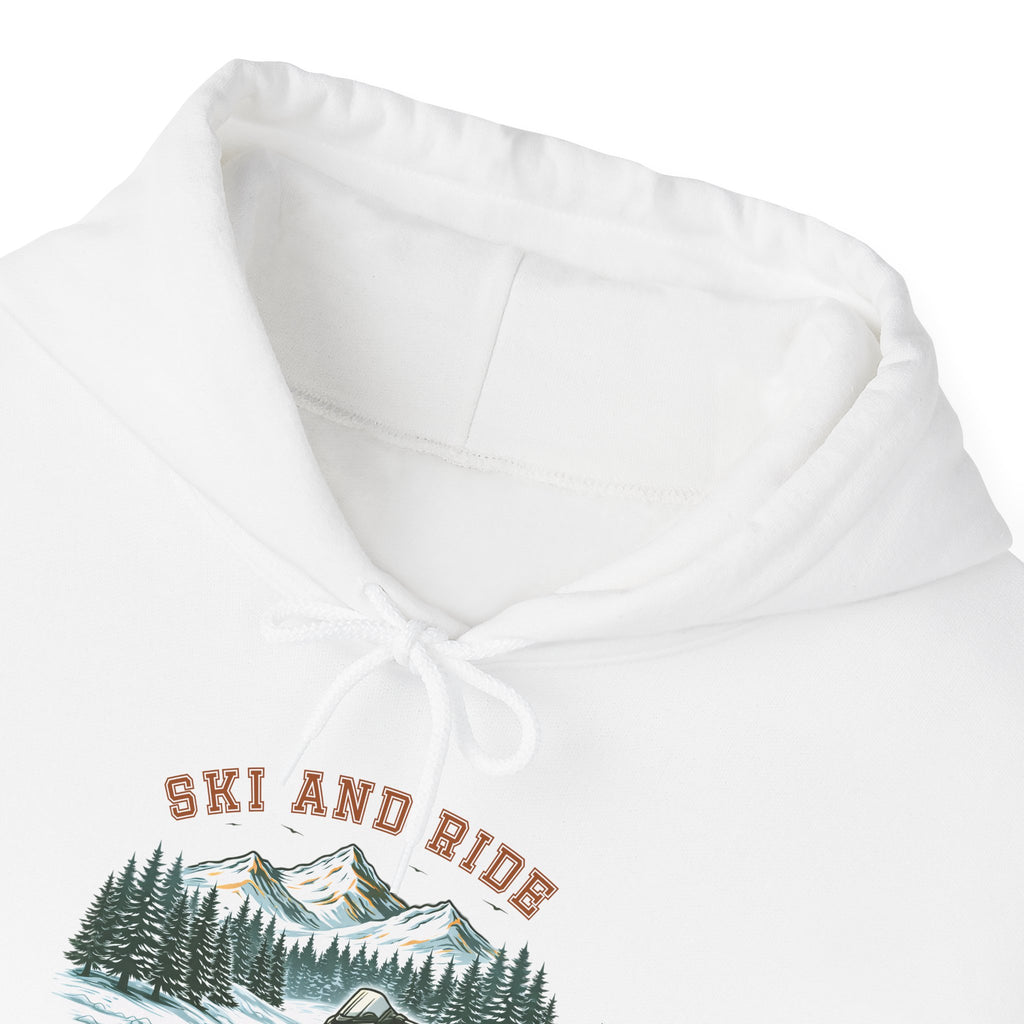 Snowmobile Ski and Ride Hoodie — Vintage Mountain Winter Adventure Pullover