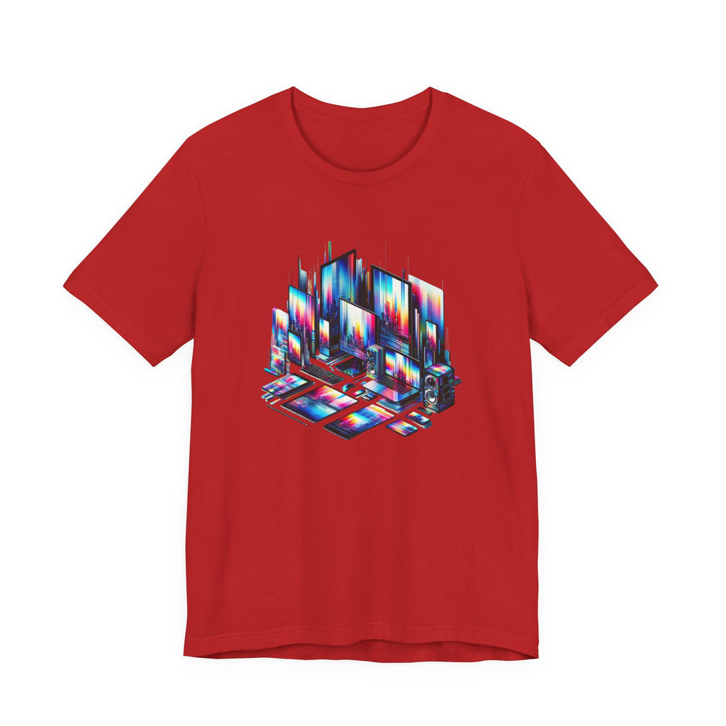 Retro Glitch City T-Shirt — Neon Vaporwave Pixel Tech Devices Tee