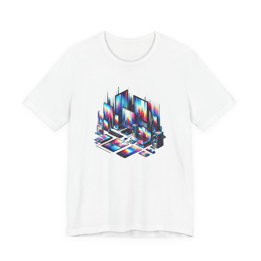 Colorful futuristic illustration of multiple digital devices including smartphones, tablets, laptops, monitors, and speakers displaying vibrant abstract cityscape visuals, representing modern technology and digital media.