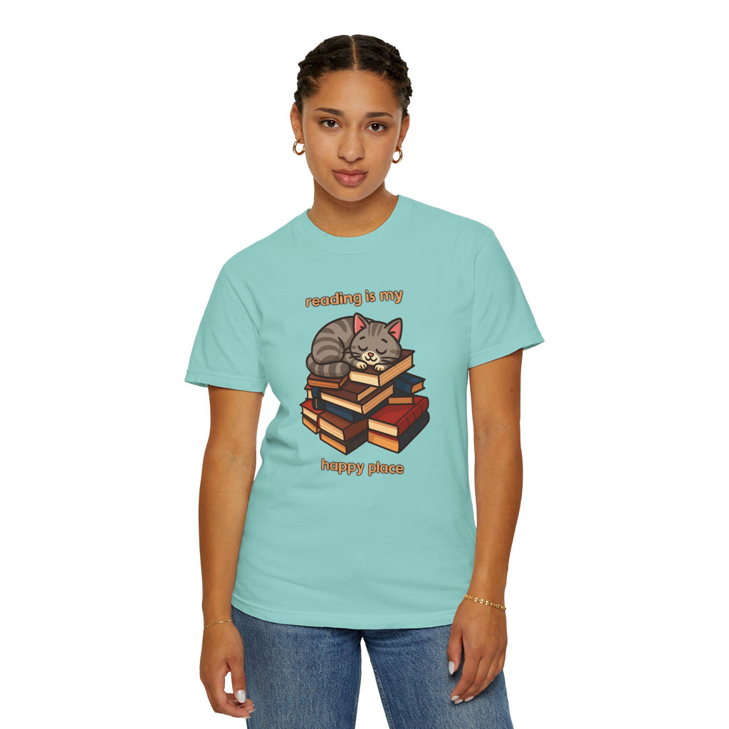 Reading Is My Happy Place T-Shirt — Cute Cat on Books Graphic Tee