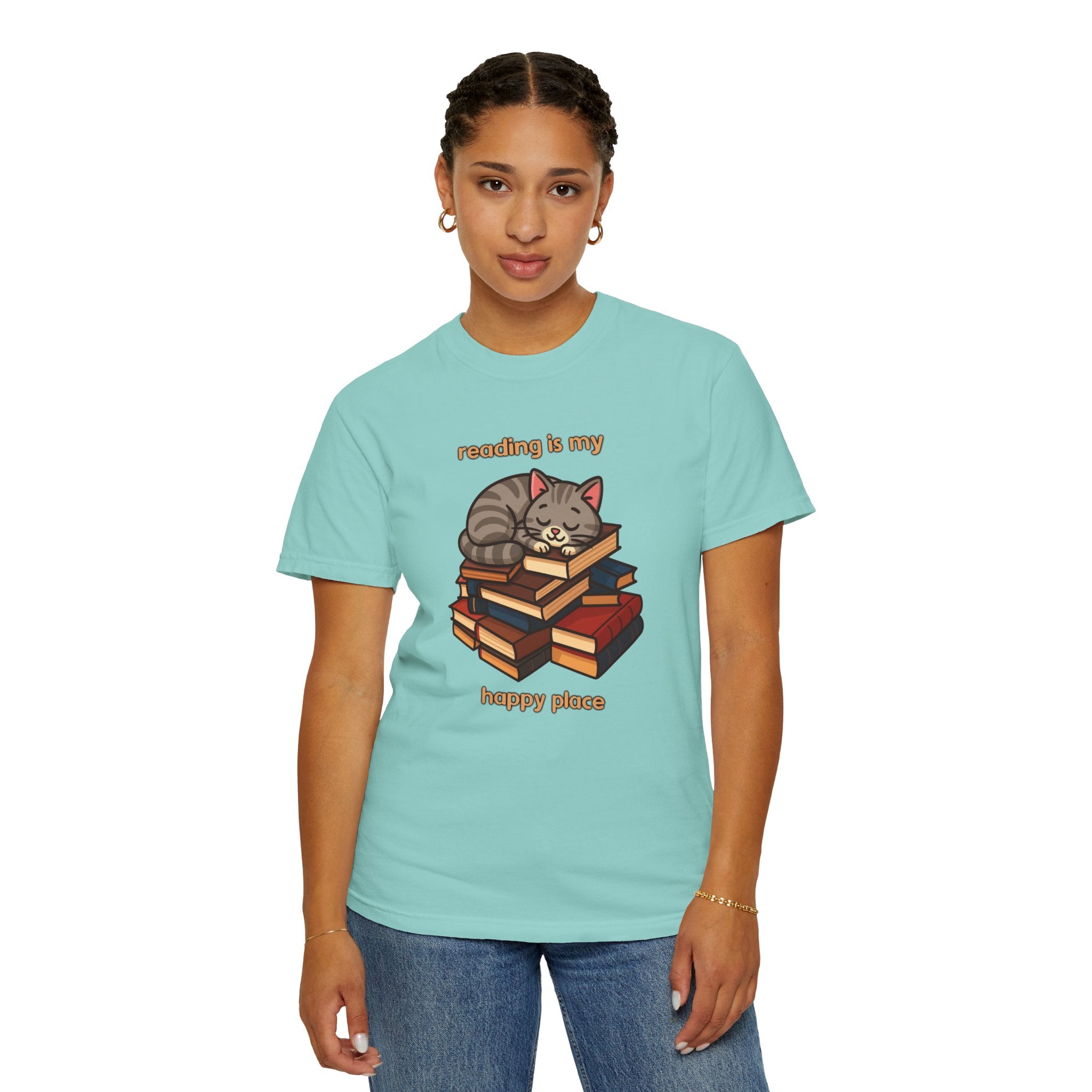 Reading Is My Happy Place T-Shirt — Cute Cat on Books Graphic Tee